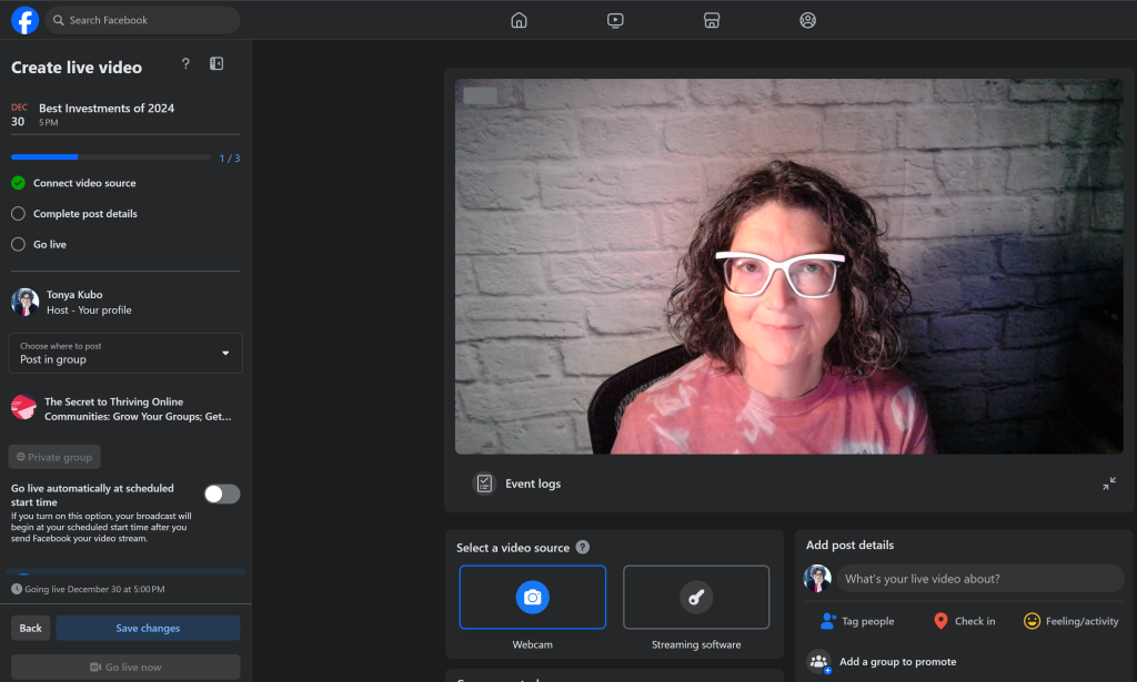 A screenshot of what it looks like when Tonya initiates a livestream using Facebook Live Producer in her online community.