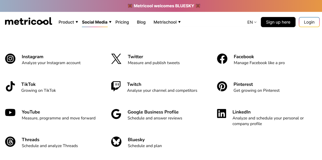 Screenshot showing all of the platforms that integrate with Metricool for social media scheduling and analytics. Includes X, Bluesky, Threads, YouTube, Facebook, LinkedIn and more.