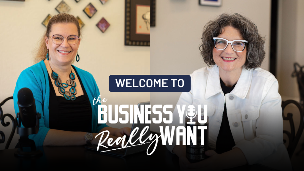 The Business You Really Want is a podcast hosted by Tonya Kubo and Gwen Bortner. Gwen and Tonya are shown together sitting at Gwen's dining room table. Microphones in front of them, Gwen has her blonde hair pulled back in a ponytaial and Tonya's chin-length curly slat-and-pepper hair is as tame as it'll ever be. Both women wear glasses, but Tonya's black-and-white frames are much cooler. Tonya has a white denim jacket open over a black T-shirt. Gwen wears a bright teal cardigan over a black tank top. Gwen has bold teal wooden jewelry. Tonya is allergic to jewelry and hopes the cool glasses distract you from her lack of accessories.