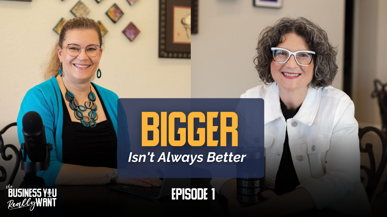 Episode 1 Gwen and Tonya are shown together sitting at Gwen's dining room table. Microphones in front of them, Gwen has her blonde hair pulled back in a ponytail and Tonya's chin-length curly slat-and-pepper hair is as tame as it'll ever be. Both women wear glasses, but Tonya's black-and-white frames are much cooler. Tonya has a white denim jacket open over a black T-shirt. Gwen wears a bright teal cardigan over a black tank top. Gwen has bold teal wooden jewelry. Tonya is allergic to jewelry and hopes the cool glasses distract you from her lack of accessories. In front of them is a graphic with the words "BIGGER isn't always Better"