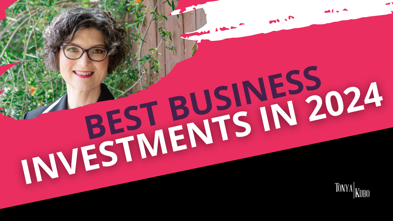 Best Business Investments Best Business Investments of 2024 is written on a pink background with a picture of Tonya Kubo wearing glasses and a black-and-white jacket are in the background