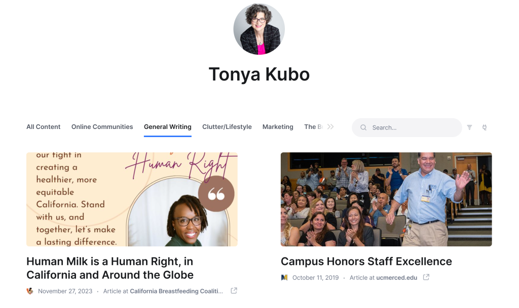 A screenshot of Tonya Kubo's Authory portfolio shows articles she's written for the California Breastfeeding Coalition and UC Merced.