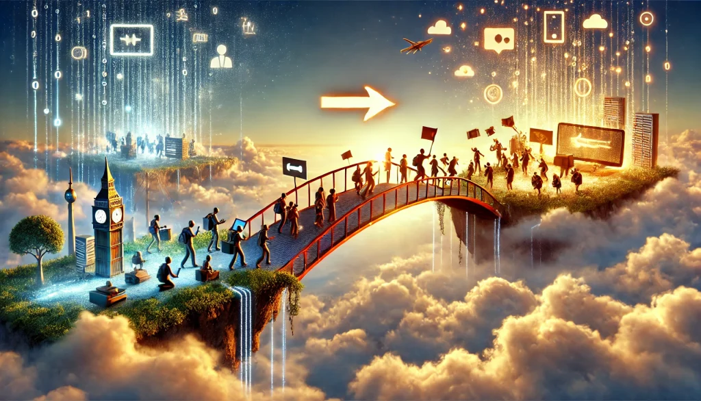 People are leaving Facebook Groups in droves. This is an AI generated image of two islands in the clouds, connected by a red bridge. The left island represents the old community, and the right island is glowing and represents taking your community to its future home. Folks are crossing the bridge.