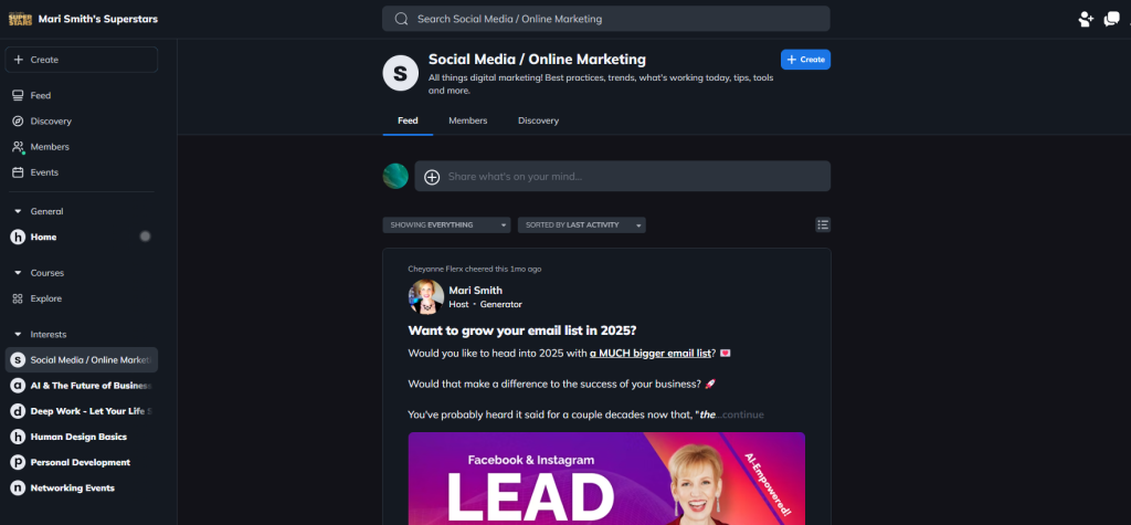Screenshot of Mari Smith's Social Media Superstars community hosted on Mighty Networks