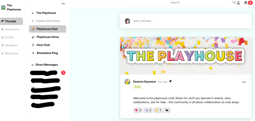 screenshot of The Playhouse community on Heartbeat