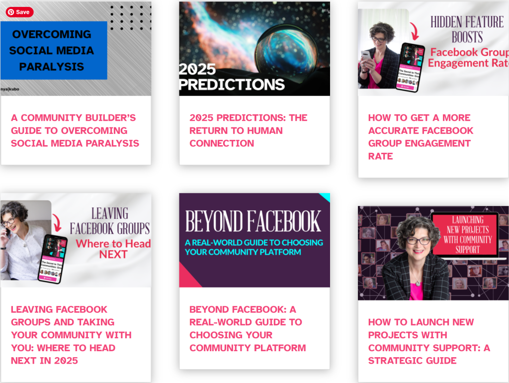 A screenshot of Tonya Kubo's blog feed from February 2025 showing her new focus on content and resources supporting community leaders and membership site owners. The feature images, however, show a mix of new and old branding.