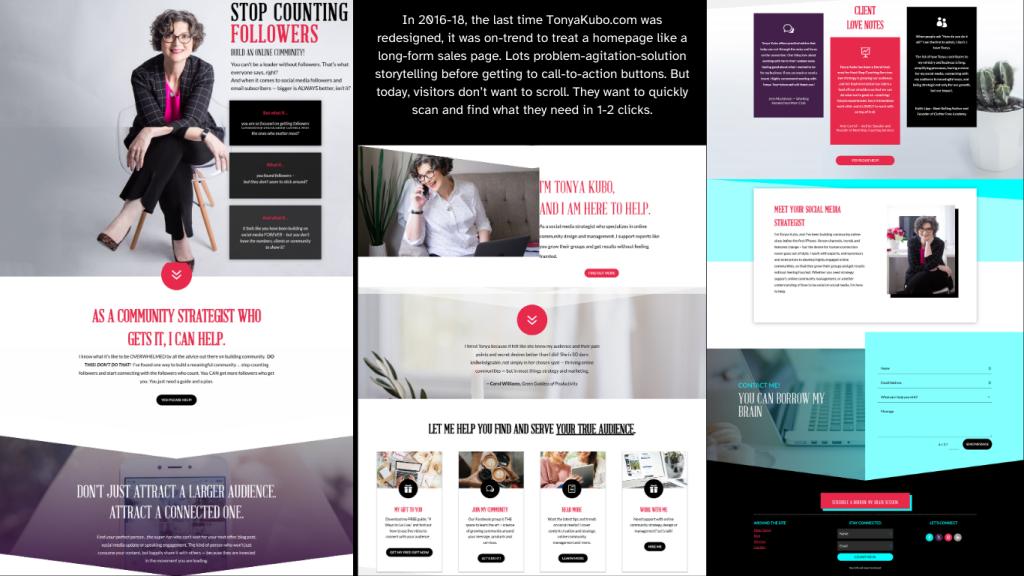 Screenshots of the tonya-kubo-dot-com homepage before rebranding began in 2025 show a super-size hero image that takes the entire space above the fold, leaving no room for a call-to-action button. You can also see the limitations of the Abraham Lincoln font. Those tall, skinny letters are hard to read unless bold and all-capped. The carmine red, black, deep purple and cyan colors are fun individually but having so many saturated tones together is hard on the eyes.