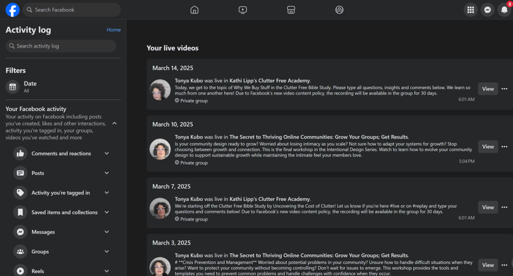 Tonya Kubo's activity log on Facebook shows all of the live videos she has created, which makes it easy for her to download the ones she values prior to Facebook deleting them.